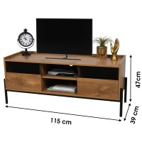 Meuble TV style rustique avec 2 portes grillagées et 2 étagères coloris chêne foncé 115x39xH47cm