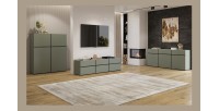 Meuble TV coloris vert sauge 180cm collection HAVANA. Meuble design avec 3 portes et 3 tiroirs.