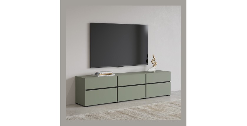 Meuble TV coloris vert sauge 180cm collection HAVANA. Meuble design avec 3 portes et 3 tiroirs.