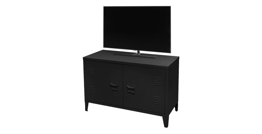 Meuble TV style industriel avec 2 portes grillagées et 2 étagères en métal noir 100x40xH53cm