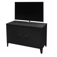 Meuble TV style industriel avec 2 portes grillagées et 2 étagères en métal noir 100x40xH53cm