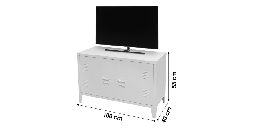 Meuble TV blanc style industriel avec 2 portes en métal 100x40xH53cm