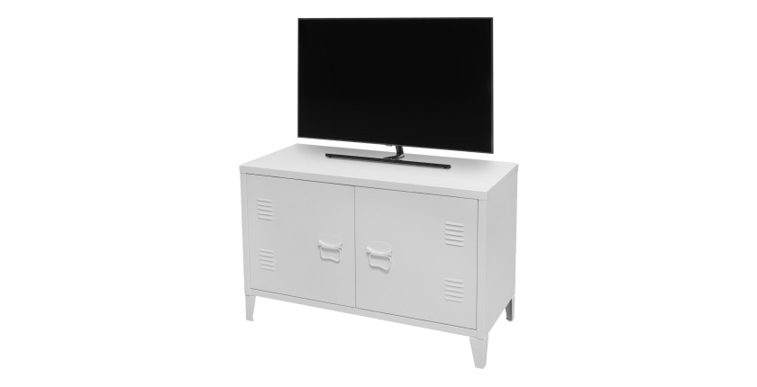 Meuble TV blanc style industriel avec 2 portes en métal 100x40xH53cm