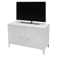 Meuble TV blanc style industriel avec 2 portes en métal 100x40xH53cm