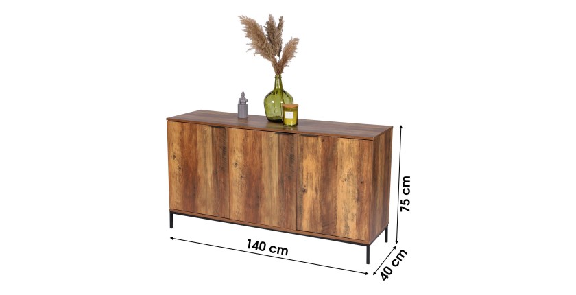 Buffet 3 portes style ethnique imitation bois noyer dimensions 150x40x75cm