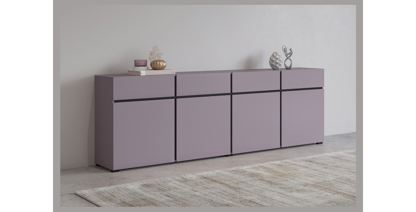 Buffet XL coloris violet pastel 225cm collection HAVANA. Bahut  design avec 4 portes et 4 tiroirs.