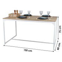 Table à manger style classique coloris chêne clair avec pied en métal blanc dimensions 150x80xH75cm