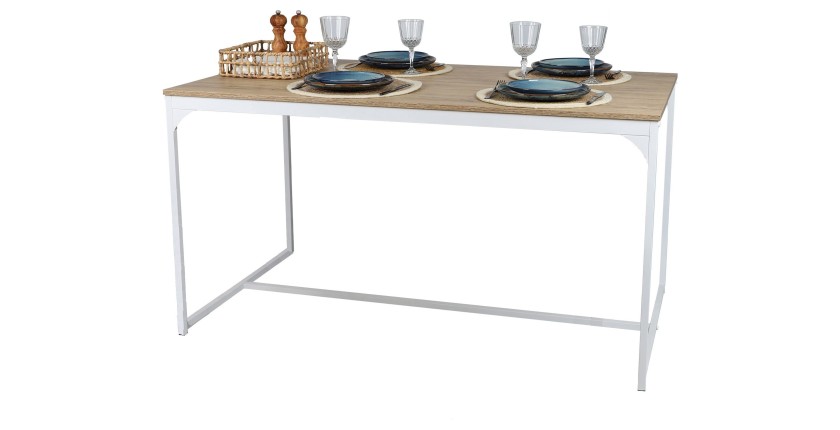 Table à manger style classique coloris chêne clair avec pied en métal blanc dimensions 150x80xH75cm