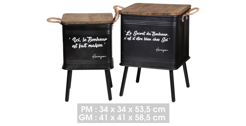 Ensemble de 2 tables caissette métal avec pied et anse en corde, coloris noir dimensions 41x41x59cm