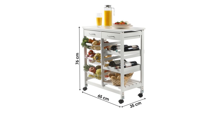 Desserte de rangement blanche avec 2 tiroirs et 3 étagères - dimensions 65x35x76cm