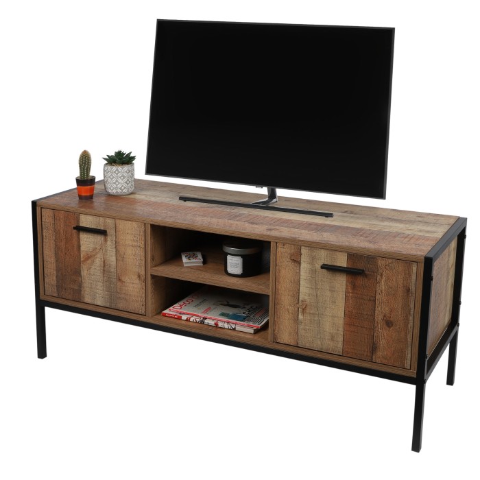 Meuble TV style rustique coloris chêne foncé avec 2 portes et 2 niches - dimensions 124x40xH49cm