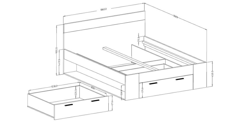 Lit adulte 180x200 avec tiroirs intégrés - Collection EOS. Coloris chêne clair et noir.