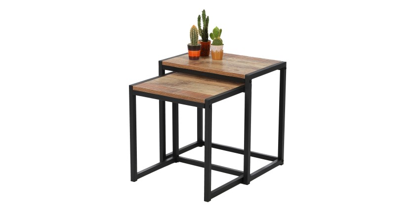 Ensemble de deux tables d'appoint carré style rustique 30x38xH40cm et 30x44xH45cm