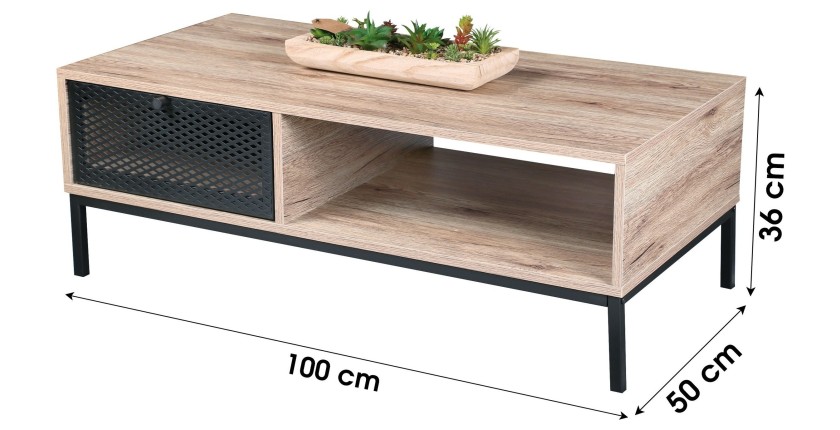 Table basse en bois avec une tiroir grillagé et une niche - dimensions 100x50xH36cm