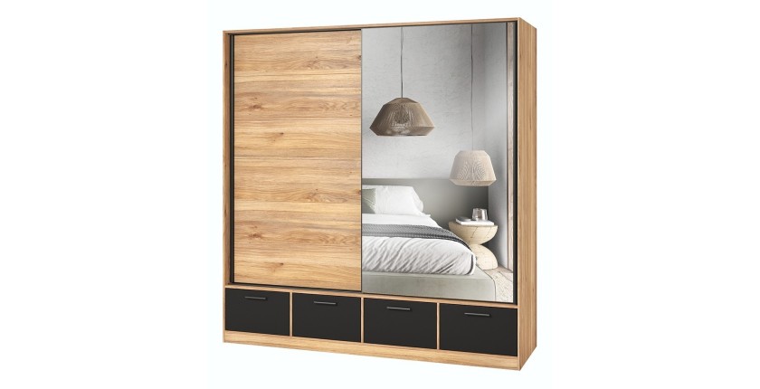 Chambre à coucher design collection EOS : Armoire, Lit 160x200, commode, chevets. Couleur chêne clair et noir