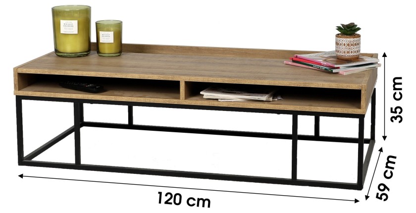 Table basse en bois avec deux niches - dimensions 120x59xH35cm