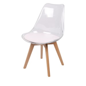 Chaise translucide avec assise en PU blanche et pieds en bois. Idéal pour un salon top tendance!