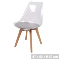 Chaise translucide avec assise en PU grise et pieds en bois