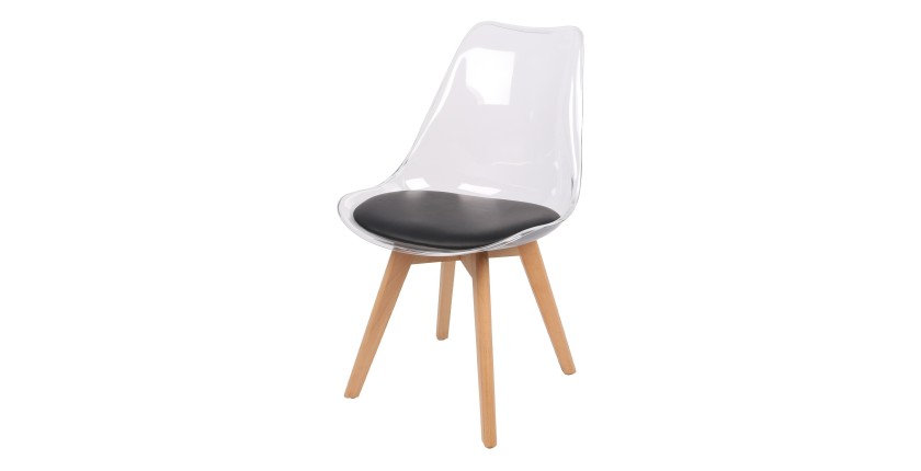 Chaise translucide avec assise en PU noir et pieds en bois. Idéal pour un salon top tendance!