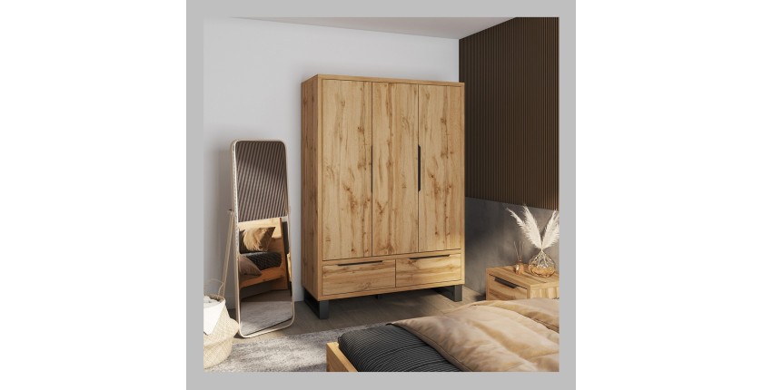 Armoire en bois style Scandinave 150cm avec 3 portes et 2 tiroirs couleur chêne brut. Collection MILOS