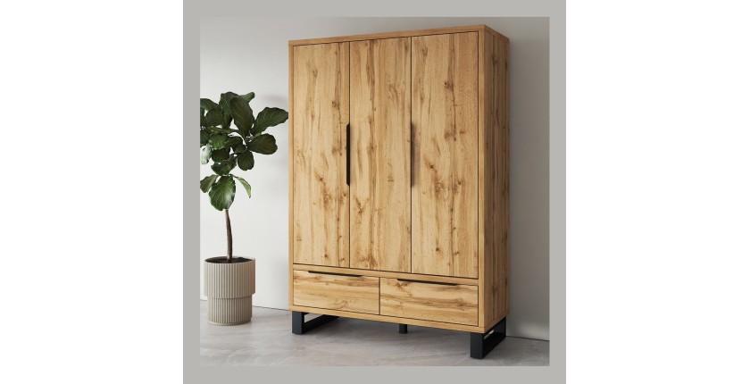 Armoire en bois style Scandinave 150cm avec 3 portes et 2 tiroirs couleur chêne brut. Collection MILOS