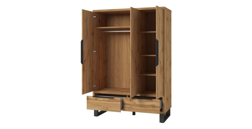 Armoire en bois style Scandinave 150cm avec 3 portes et 2 tiroirs couleur chêne brut. Collection MILOS