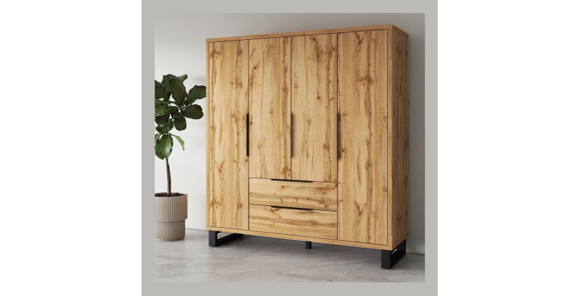 Armoire en bois style Scandinave 190cm avec 4 portes et 2 tiroirs couleur chêne brut. Collection MILOS