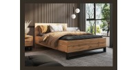 Lit adulte 140x200 style industriel - Collection MILOS. Coloris chêne brut et noir. Sommier inclus