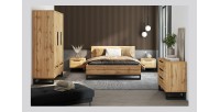 Lit adulte 140x200 style industriel - Collection MILOS. Coloris chêne brut et noir. Sommier inclus