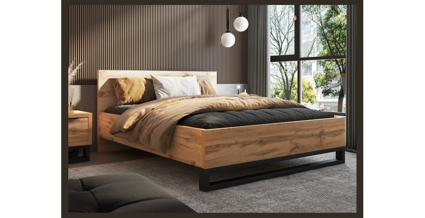 Lit adulte 160x200 style industriel - Collection MILOS. Coloris chêne brut et noir. Sommier inclus