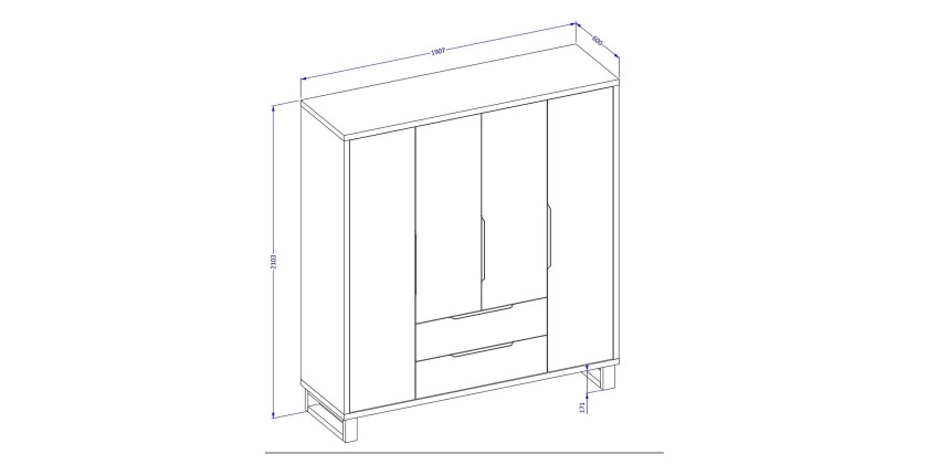 Chambre compléte industrielle MILOS : Armoire 4 portes, lit 180x200, commode, chevets, chêne brut/noir