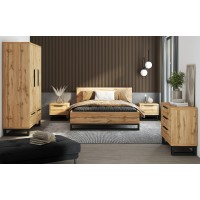 Ensemble lit 180x200 et deux chevets style industriel - Collection MILOS. Coloris chêne brut et noir. Sommier inclus