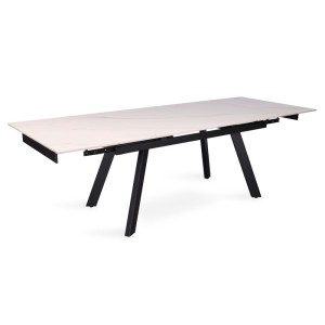 Table à manger collection LAROS en métal avec plateau blanc en pierre extensible jusqu'à 240cm