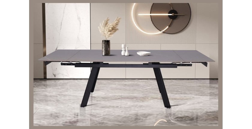 Table à manger collection LAROS en métal avec plateau noir en pierre extensible jusqu'à 240cm