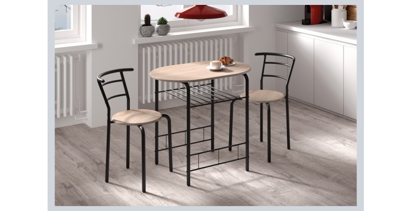 Table à manger ovale avec grille de rangement et ses 2 chaises idéal petit espace - Papier décor chêne sonoma