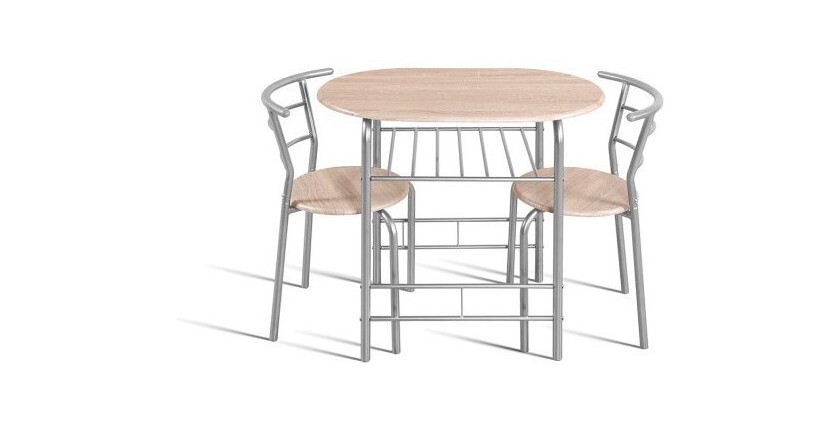 Table à manger ovale avec grille de rangement et ses 2 chaises idéal petit espace - Papier décor chêne sonoma