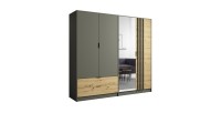 Armoire 220cm avec 4 portes et 2 tiroirs coloris gris graphite et chêne. Collection IZO