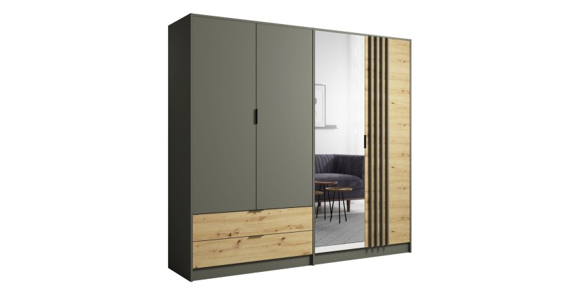 Chambre compléte design IZO : Armoire, lit 160x200, commode, chevets, chêne/gris anthracite