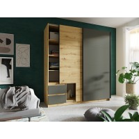 Armoire 180cm avec 2 portes coulissantes et 2 tiroirs coloris chêne et gris anthracite. Collection ARIELLE