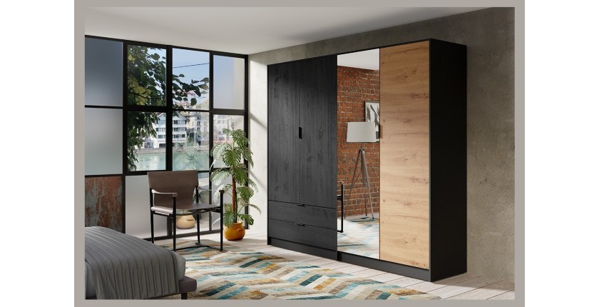 Armoire 4 Portes ISAC - Design Moderne avec Miroir et 2 Tiroirs