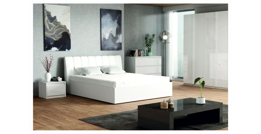 Ensemble chambre VERONA : Lit 160 cm, commode 3 tiroirs, tables de chevet, armoire 4 portes, blanc brillant