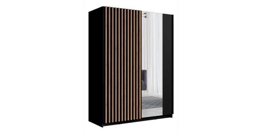 Armoire design 150cm coloris noir et chêne collection STRANO. Deux portes coulissantes. Dressing complet avec miroir.