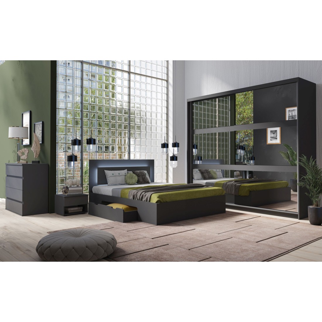 Ensemble chambre NOFI - Lit 160x200 cm avec sommier, 2 tiroirs, chevets, armoire et commode - gris graphite