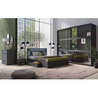 Ensemble chambre NOFI - Lit 180x200 cm avec sommier, 2 tiroirs, chevets, armoire et commode - gris graphite