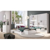 Ensemble chambre NOFI - Lit 140x200 cm avec sommier, 2 tiroirs, chevets, armoire et commode - blanc