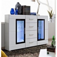 Buffet KRONI avec Éclairage LED - 4 Tiroirs et 2 Portes Vitres - Blanc Mat et Brillant - 150 x 82 x 40 cm