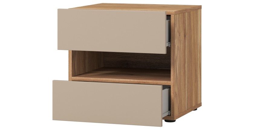 Table de chevet VOX 2 tiroirs et une niche, coloris chêne et beige