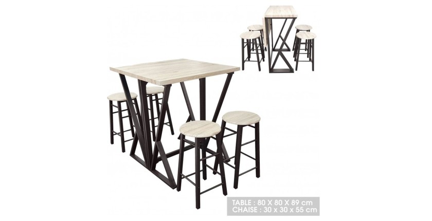 Ensemble Table Haute Pliable avec 4 Tabourets – GRANY – Chêne et Métal Noir