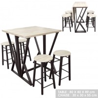 Ensemble Table Haute Pliable avec 4 Tabourets – GRANY – Chêne et Métal Noir