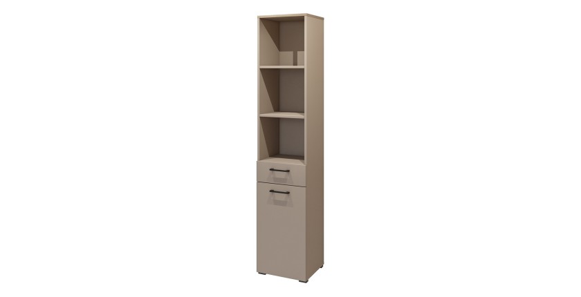 Meuble de rangement haut collection WASHING – 1 tiroir, 1 porte et 1 panier – Taupe et chêne